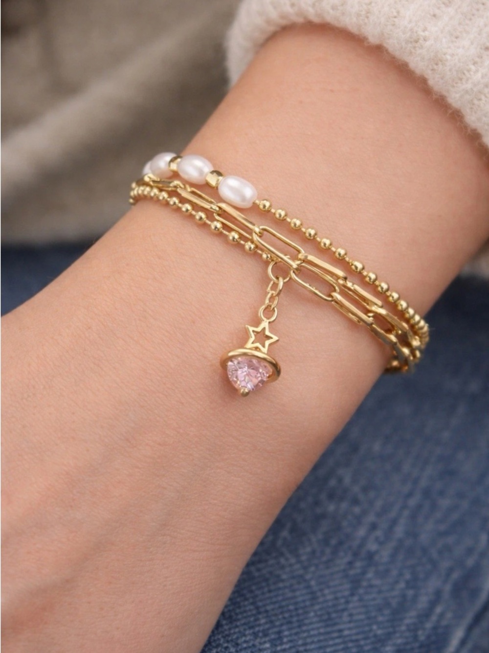 Gold Plated Layered Bracelet Faux Pearl Chain Pink CZ Celestial Charm Adjustable